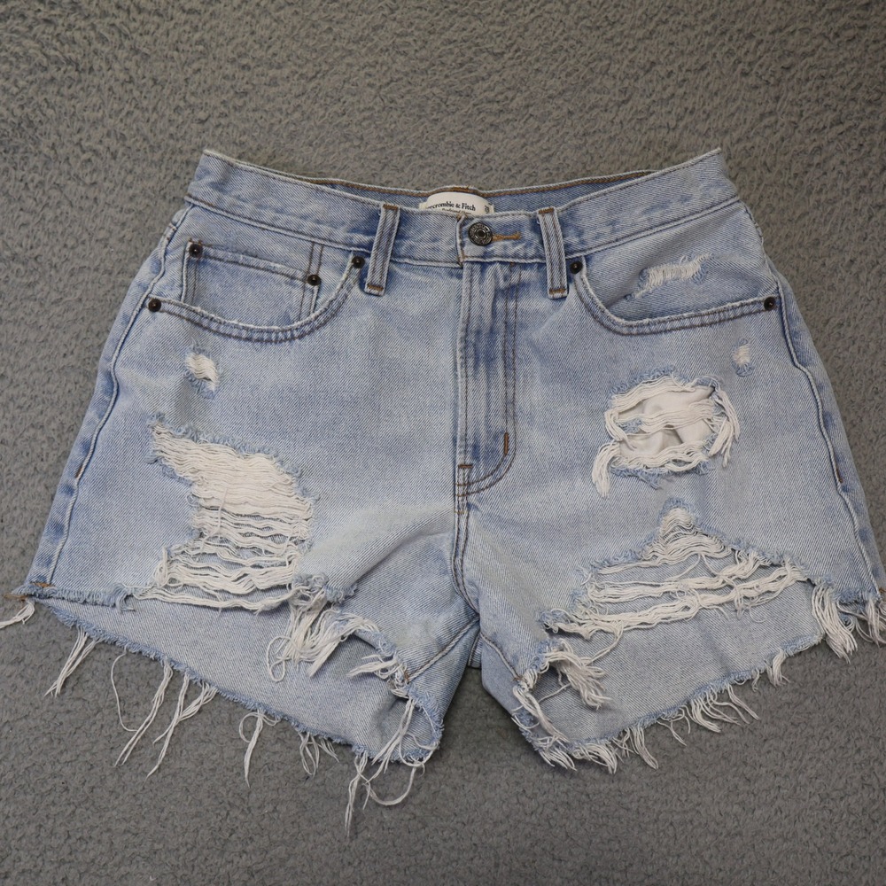 Abercrombie & Fitch Curve Love Mid Rise Boyfriend Shorts Distressed Light Wash